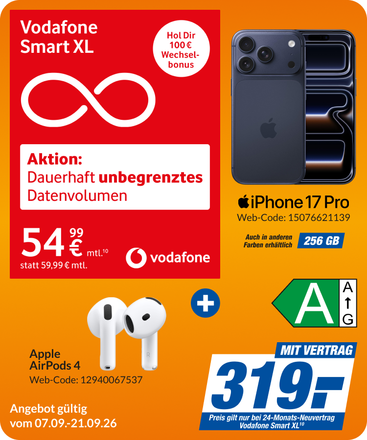 iPhone 17 Pro + AirPods 4 mit Smart XL für 319€!