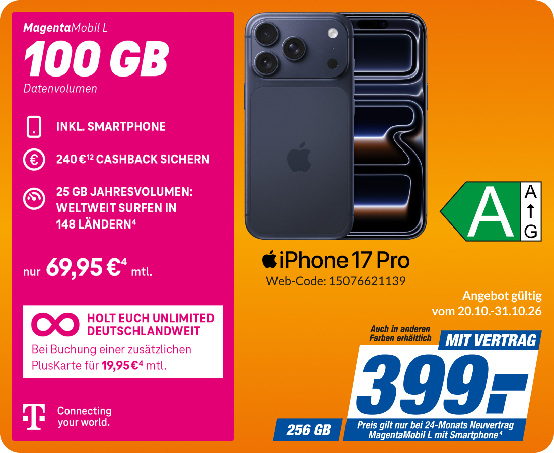 Apple iPhone 17 Pro mit Magenta Mobil L für 399€