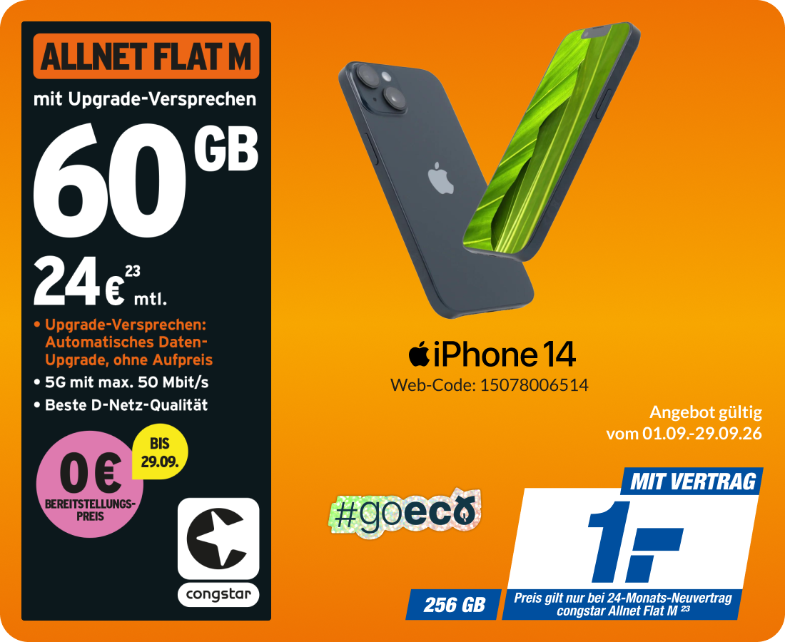 iPhone 14 mit Allnet Flat M für 1€!