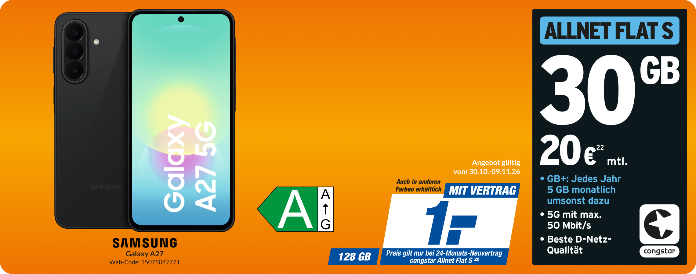 Samsung A27 mit Allnet Flat S für 1€!