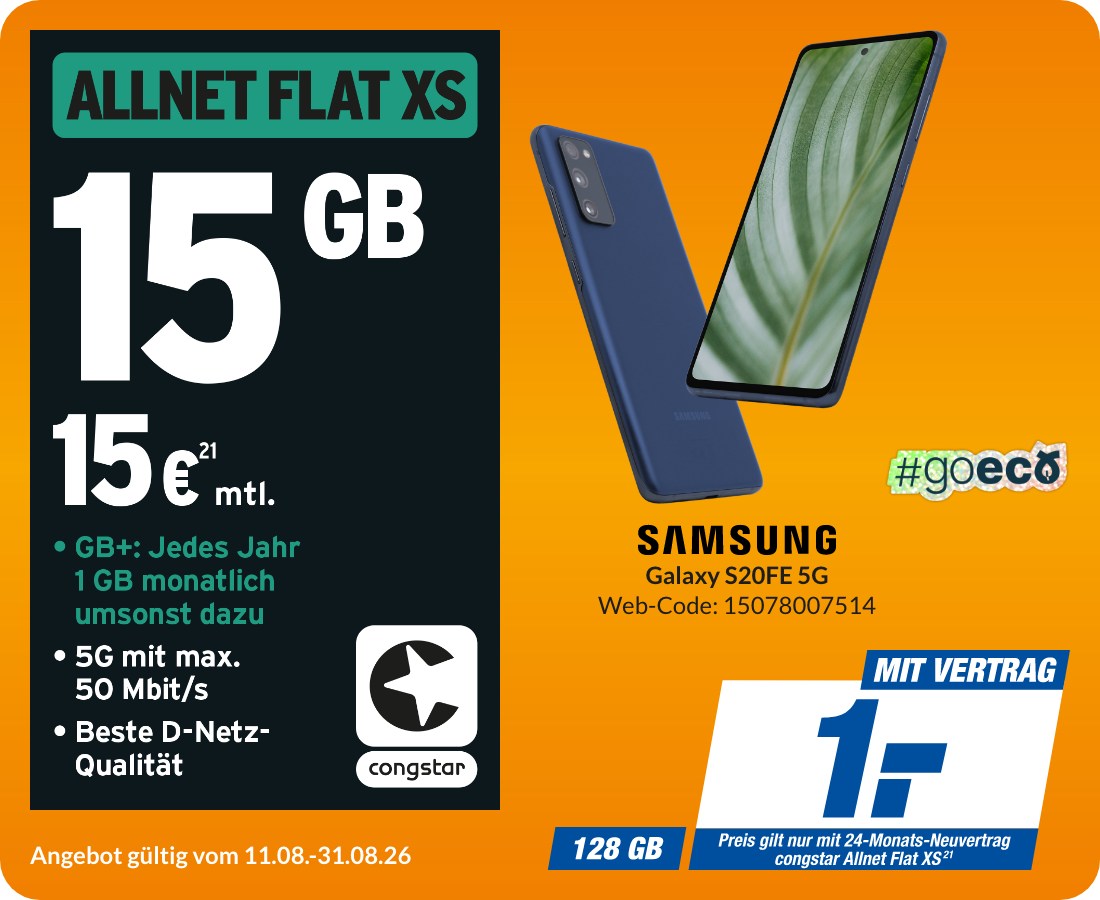 Samsung S20 mit Allnet Flat XS für 1€!