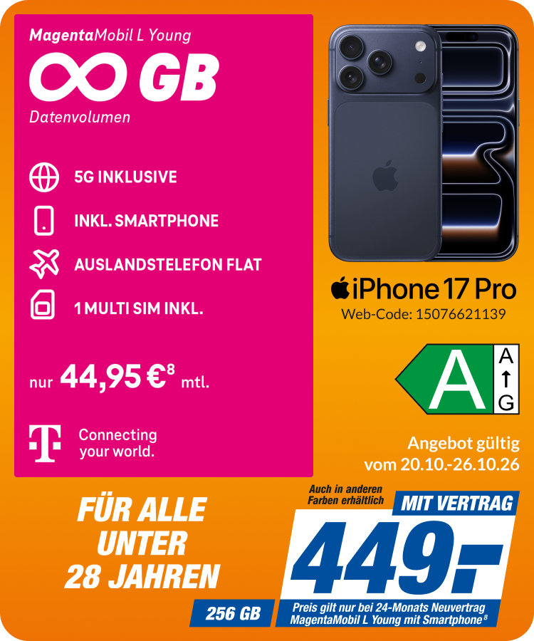 Apple iPhone 17 Pro mit Magenta Mobil L Young für 449€!