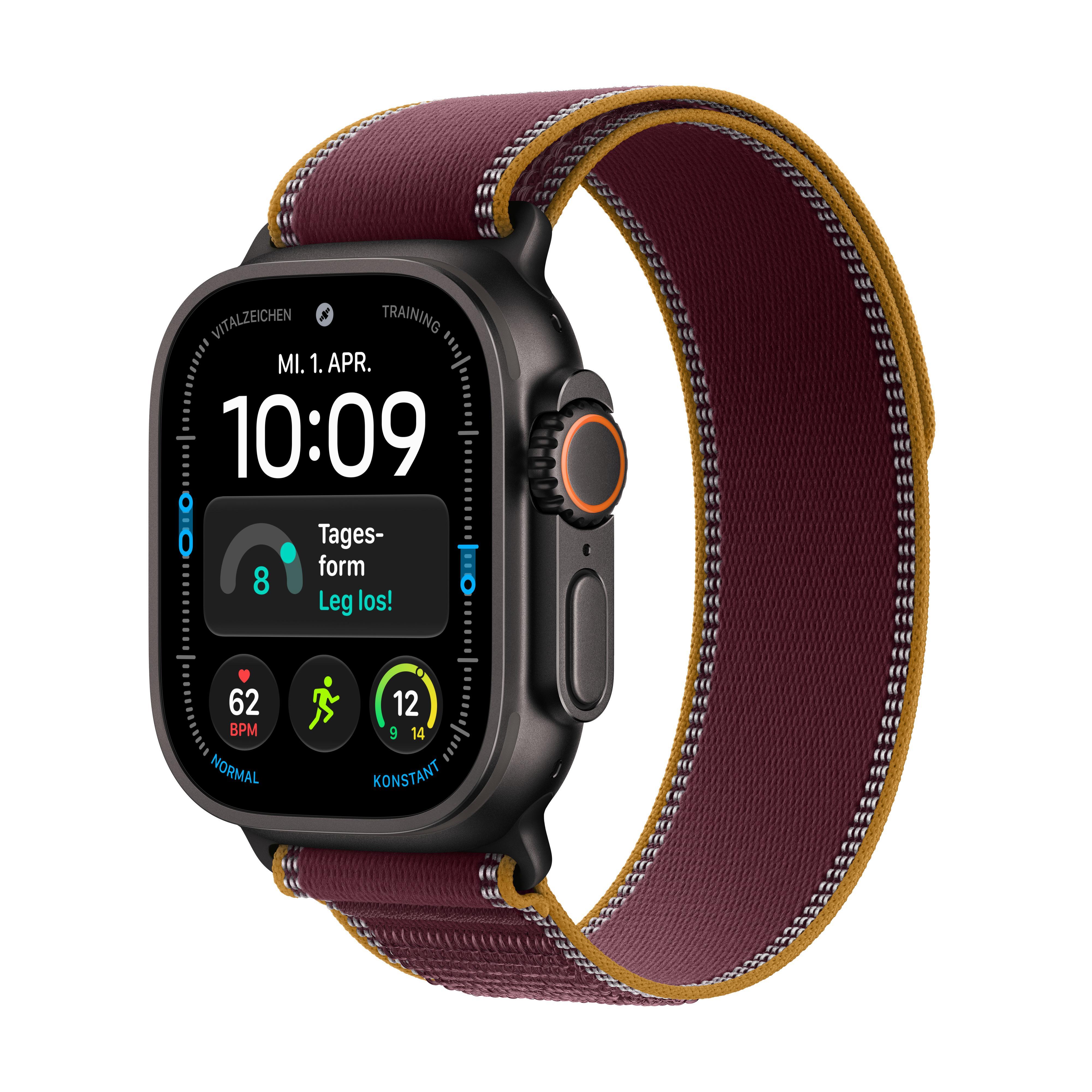 Watch Ultra 4, GPS + Cellular, 49mm, Schwarz Titaniumgehäuse mit Burgund Trail Armband - S/M Smartwatch