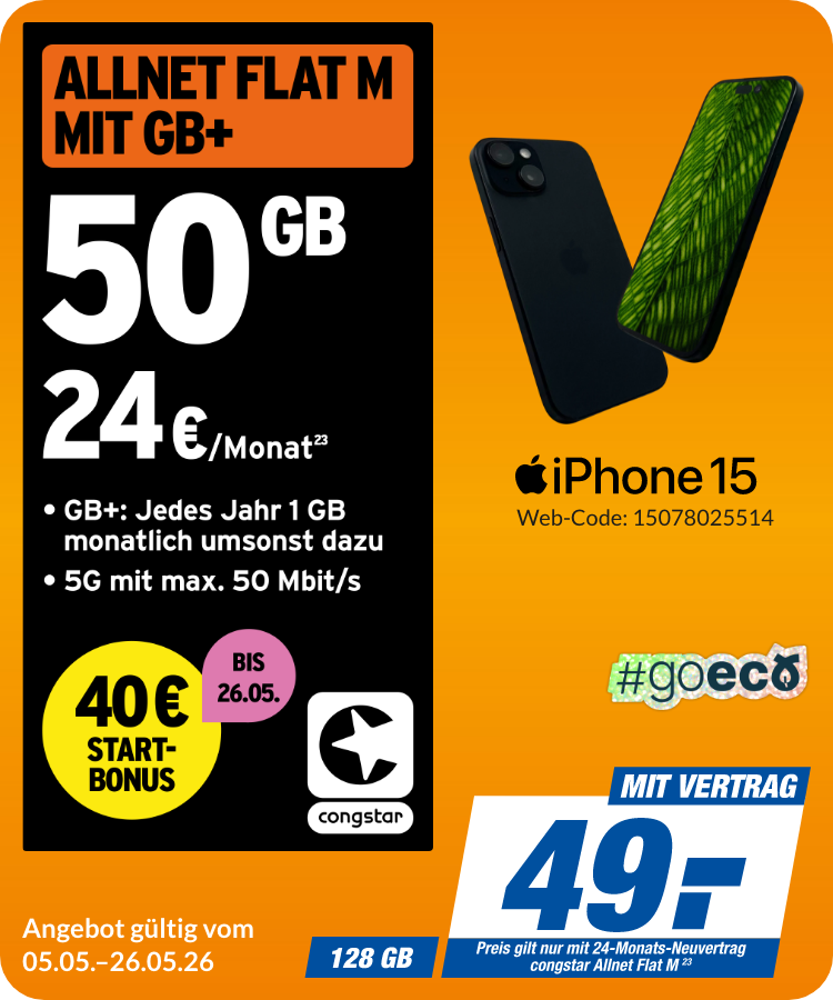 Apple iPhone 15 mit Allnet Flat M für 49€!