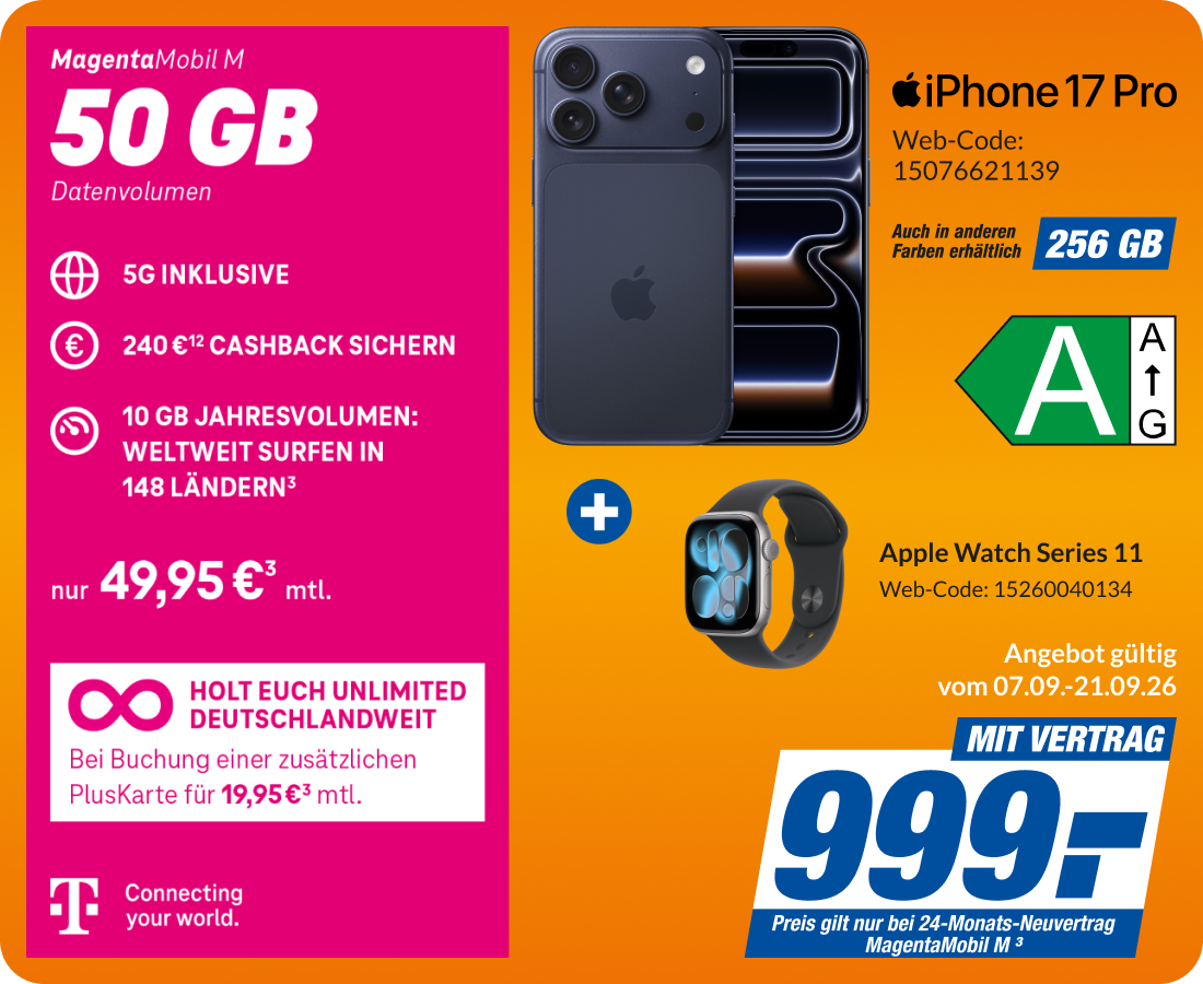 iPhone 17 Pro + Apple Watch Series 11 mit Magenta Mobil M für 999€!