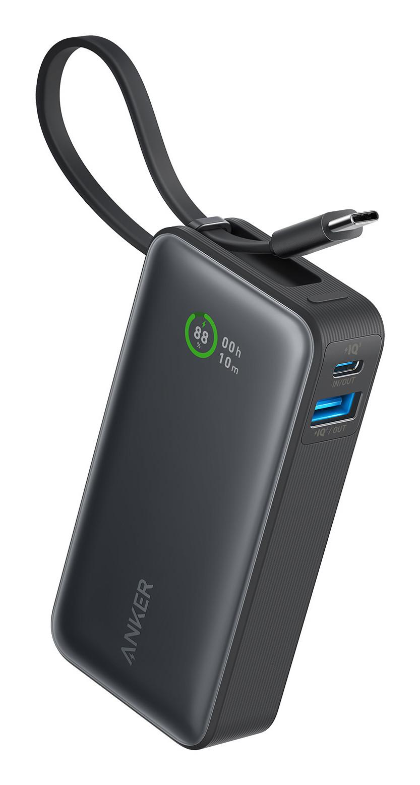 Nano Powerbank (10.000mAh, 30W, Integriertes einziehbares USB-C Kabel), Schwarz