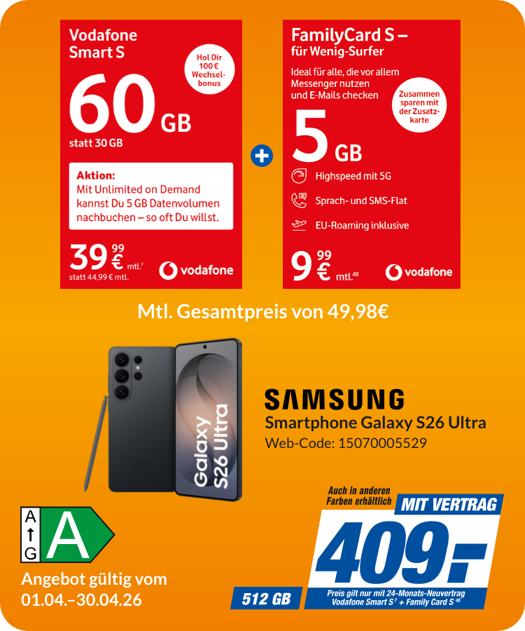 Galaxy S26 Ultra mit Smart S für 409€!