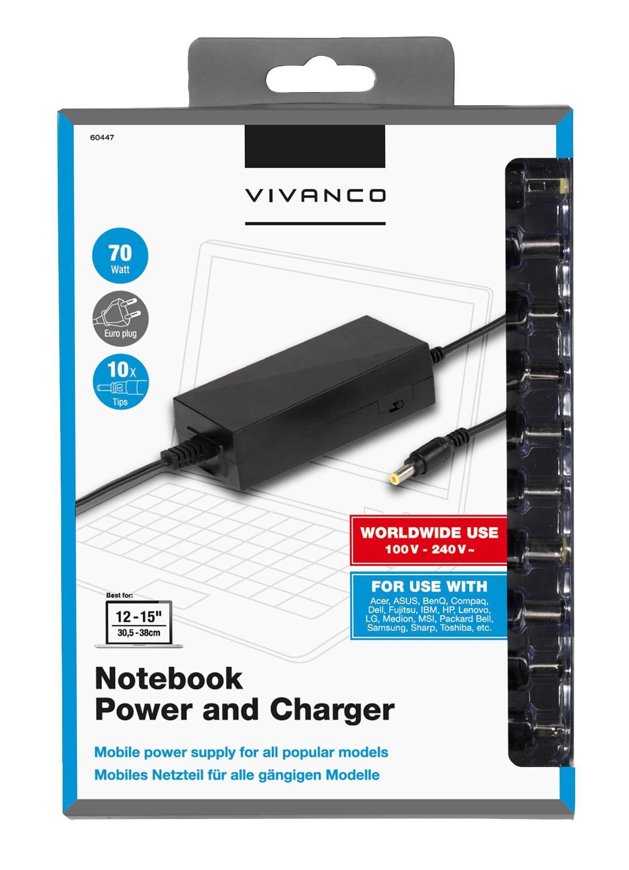 Universal Schaltnetzteil für Notebooks und Netbooks, 70W, Euro Stecker (60447)