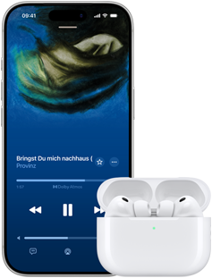 AirPods Pro 3 in MagSafe Ladecase, iPhone 17 Pro, Apple Music spielt Everybody Laughs von David Byrne und Ghost Train Orchestra