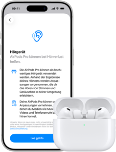 AirPods Pro 3 im MagSafe Ladecase, iPhone 17 Pro, Text auf dem Display: Hörgerät