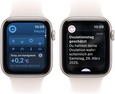 Zwei Apple Watch SE 3 Geräte mit Aluminiumgehäusen in Polarstern zeigen die Vitalzeichen App