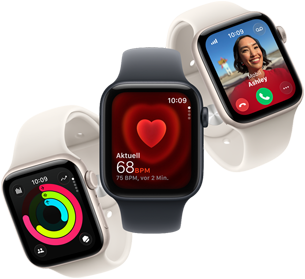 Drei Apple Watch SE 3 Geräte, die nebeneinander schweben