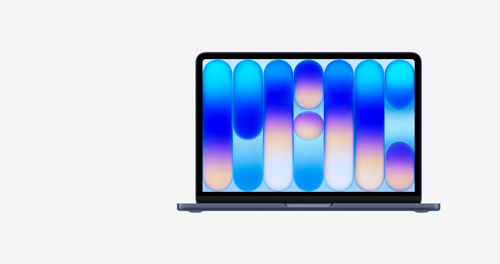 MacBook Neo, geöffnet, Farbe Indigo, buntes, abstraktes Hintergrundbild