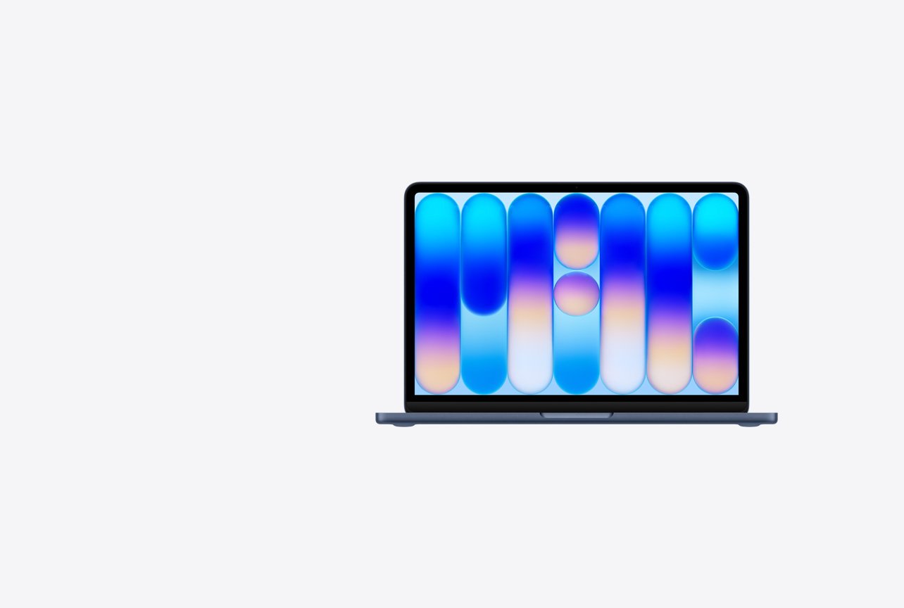 MacBook Neo, geöffnet, Farbe Indigo, buntes, abstraktes Hintergrundbild