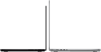 14" und 16" MacBook Pro Geräte stehen mit den Rückseiten zueinander, um den Größenunterschied und das schmale Profil zu verdeutlichen