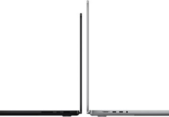 14" und 16" MacBook Pro Geräte stehen mit den Rückseiten zueinander, um den Größenunterschied und das schmale Profil zu verdeutlichen