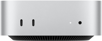Mac mini, Vorderseite, zwei Thunderbolt Anschlüsse, Statusanzeige und Kopfhöreranschluss, schmal zulaufende Basis unten, flache Oberseite, gerundete Ecken, gerade Kanten, Farbe Silber