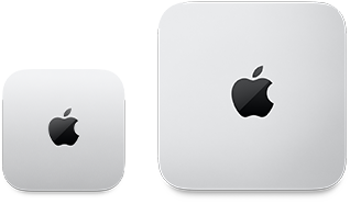Zwei Mac mini Geräte, Oberseite, Aluminium in Silber, gerundete Ecken, glänzendes schwarzes Apple Logo in der Mitte, das Gerät auf der linken Seite ist die neuere Version und nicht mal halb so groß wie das Gerät auf der rechten Seite