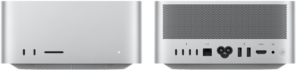 Mac Studio, Vorderseite, zwei USB‑C Anschlüsse, SDXC Kartensteckplatz, Statusanzeige, nach unten zulaufende Basis, flache Oberseite, gerundete Ecken, gerade Kanten, Farbe Silber, Mac Studio, Rückseite, Aluminiumgehäuse mit perforierten Belüftungsöffnungen, vier Thunderbolt 5 Anschlüsse, ein Ethernet Anschluss, ein Netzanschluss, zwei USB‑A, ein HDMI, ein Kopfhöreranschluss und Ein‑/Ausschalter