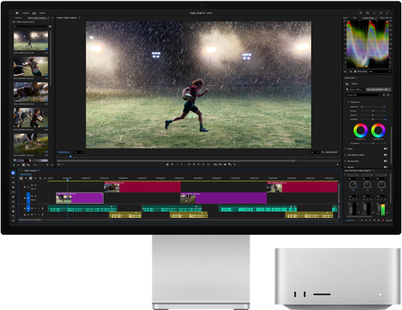 Studio Display XDR mit integriertem Standfuß, der Mac Studio passt perfekt unter das Display, Workflow mit Tools für Videoschnitt und Farbkorrektur auf dem Display