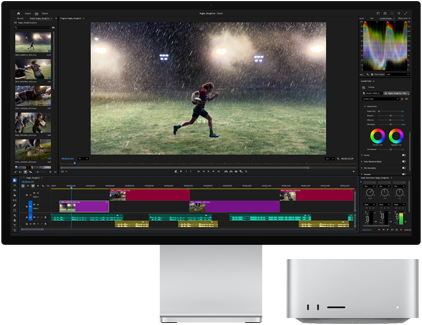 Studio Display XDR mit integriertem Standfuß, der Mac Studio passt perfekt unter das Display, Workflow mit Tools für Videoschnitt und Farbkorrektur auf dem Display