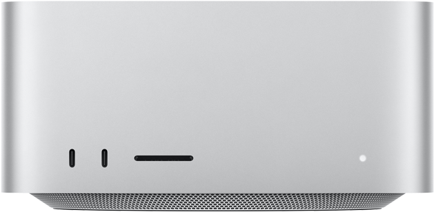 Mac Studio, Vorderseite, zwei USB‑C Anschlüsse, SDXC Kartensteckplatz, Statusanzeige, nach unten zulaufender Sockel, flache Oberseite, gerundete Ecken, gerade Kanten, Farbe Silber