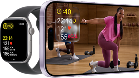 Apple Watch Series 11, Aluminiumgehäuse Diamantschwarz, Trainingsdaten, Sportarmband in Nebelviolett, ein Workout Video wird auf gekoppeltem iPhone abgespielt
