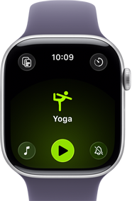 Apple Watch Series 11, Aluminiumgehäuse Silber, Yogatraining geöffnet, rechte Seitenansicht: Digital Crown, Sportarmband in Nebelviolett
