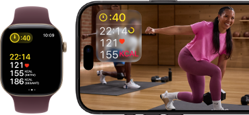Eine Apple Watch neben einem iPhone mit einem Apple Fitness+ Training auf dem Display