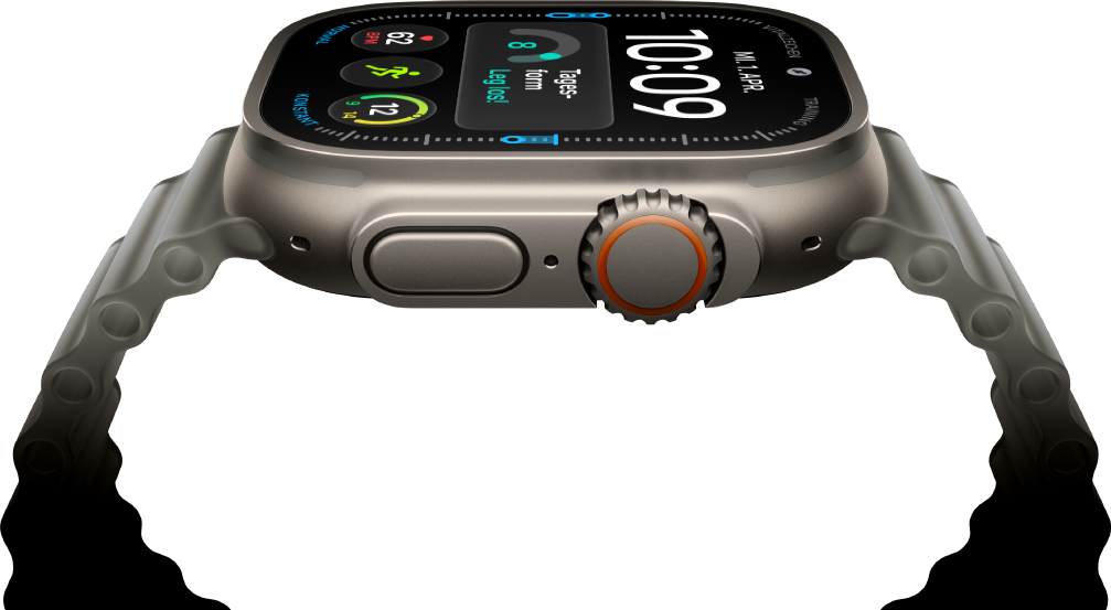 Apple Watch Ultra 4, Titangehäuse, Farbe Natur, digitales Zifferblatt, Komplikationen: Tagesform, Herzfrequenz, Trainings, Temperatur, rechte Seitenansicht, Digital Crown, erhöhte Seitentaste, Ocean Armband, Farbe Halbtransparentes Grau