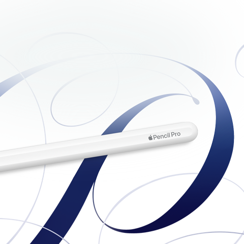 Apple Pencil Pro, Weiß, vor einem weißen Hintergrund mit blauen Wirbeln