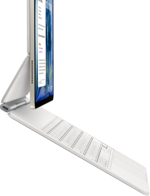 iPad Air, Farbe Polarstern, befestigt am Magic Keyboard, Weiß, Seitenansicht