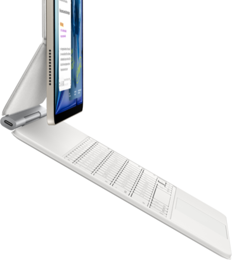 iPad Air, Farbe Polarstern, befestigt am Magic Keyboard, Weiß, Seitenansicht