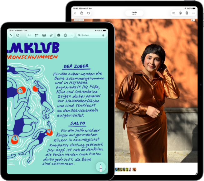 Zwei iPad Air Geräte, Größen: 11 Zoll und 13 Zoll, das 11 Zoll Modell zeigt farbigen Text in der Notizen App, das 13 Zoll Modell zeigt das Foto einer Person in der Fotos App