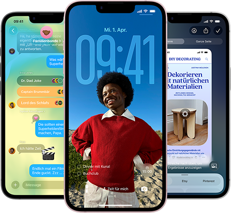 Tre iPhone 17e-enheter med appen Meddelanden i Liquid Glass-design, dynamisk låsskärm och Visuell intelligens igång
