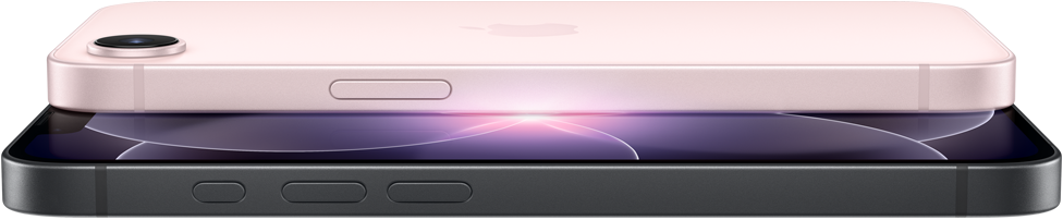 iPhone 17e, horizontale Seiten- und Rückansicht, Hellrosa, iPhone 17e, horizontale Seiten- und Vorderansicht, Schwarz