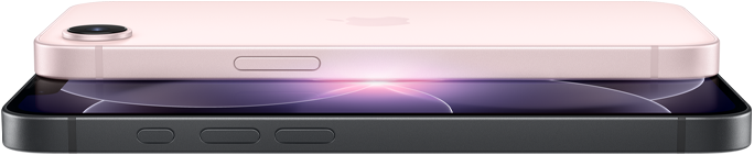 iPhone 17e, horizontale Seiten- und Rückansicht, Hellrosa, iPhone 17e, horizontale Seiten- und Vorderansicht, Schwarz