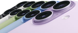 iPhone 17, Rückansicht, Dual Fusion Kamera-System, alle fünf Farben überlappend: Schwarz, Weiß, Salbei, Nebelblau und Lavendel