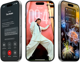 3 iPhone 17 Pro Modelle, Vorderseite, nebeneinander, zeigen iOS 26, Liquid Glass Effekt und Apple Intelligence Feature