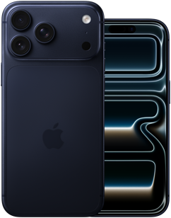 Nebeneinander: iPhone 17 Pro Max, Rückseite, Pro Kamera-System, 3 Objektive, Mikrofon, Blitz, Finish Tiefblau, iPhone 17 Pro, Vorderseite mit All-Screen Design, Finish Tiefblau