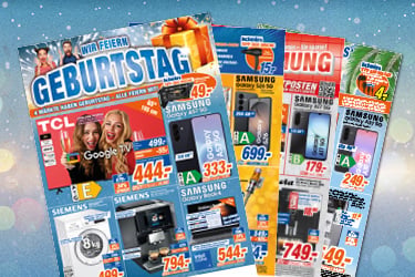 groß im Vordergrund verschiedene Werbeprospakte aufgewächert. Auf einem blau glitzerndem Hintergrund