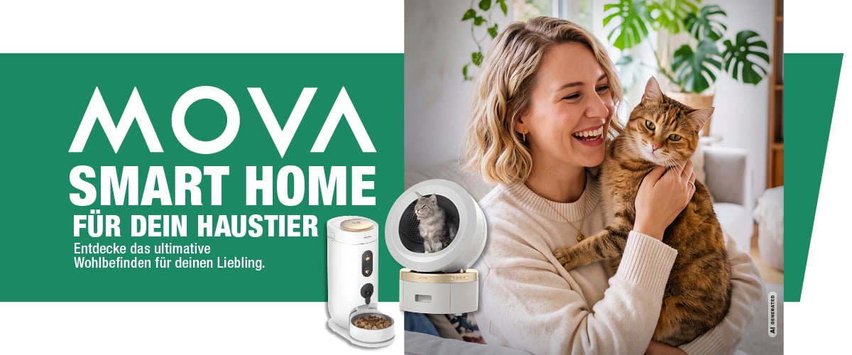 Mova als Logo groß abgebildet. Eine Katze auf dem Arm einer Frau und ein intelligentes Katzenklao, sowie eine Futterstation sind auf einem dunkel grünen hintergrund abgebildet