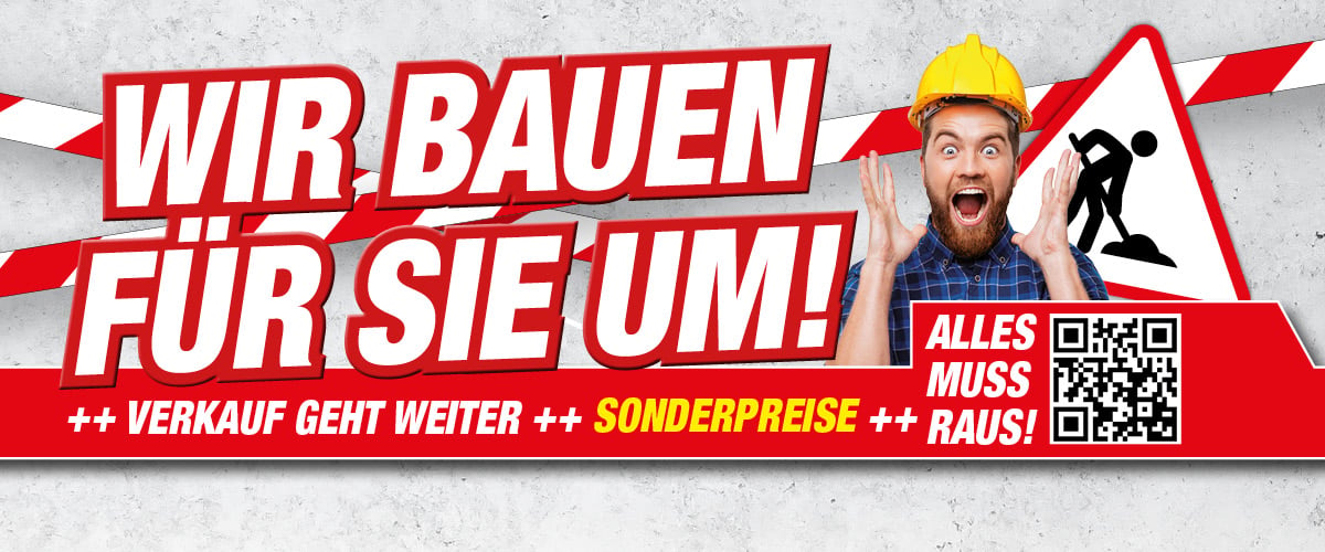 Ein Betonhintergrund mit Absperrband und Baustellenschild. Davor die Info zum Filialenumbau und ein schreiender Mann.