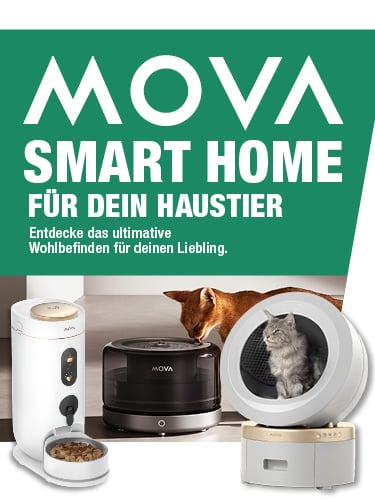 Mova als Logo groß abgebildet. Eine Katze auf dem Arm einer Frau und ein intelligentes Katzenklao, sowie eine Futterstation sind auf einem dunkel grünen hintergrund abgebildet