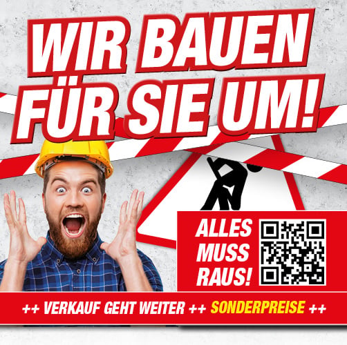 Ein Betonhintergrund mit Absperrband und Baustellenschild. Davor die Info zum Filialenumbau und ein schreiender Mann.