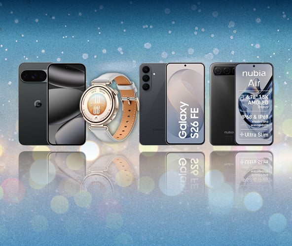 Es sind verschiedene mobile Endgeräte zu sehen. Darunter Smartphones und Smartwatches. Alles liegt vor einem blau glitzernden Hintergrund.
