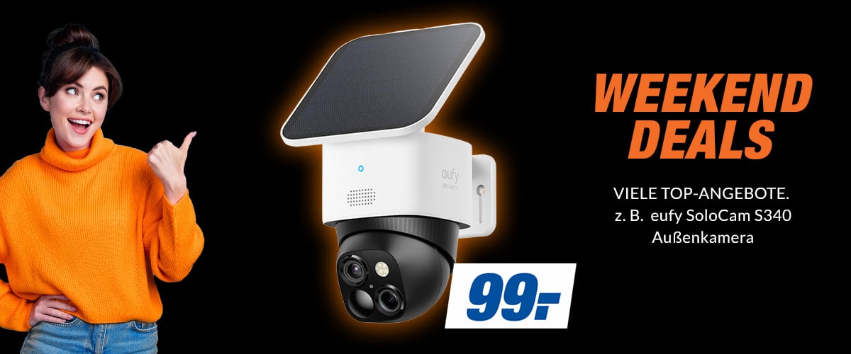 WEEKEND DEALS
VIELE TOP-ANGEBOTE. NUR FÜR KURZE ZEIT
z. B. eufy SoloCam S340 Außenkamera