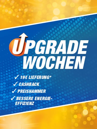 Ein großes Blaues Banner mit der Aufschrift Upgrade Wochen, sowie Aktionsvorteilen. Dahinter ein strahlend gelber Hintergrund.