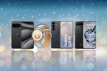 Es sind verschiedene mobile Endgeräte zu sehen. Darunter Smartphones und Smartwatches. Alles liegt vor einem blau glitzernden Hintergrund.