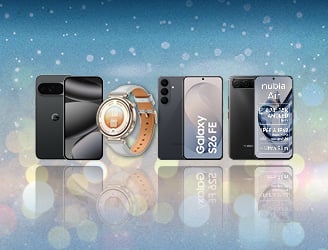 Es sind verschiedene mobile Endgeräte zu sehen. Darunter Smartphones und Smartwatches. Alles liegt vor einem blau glitzernden Hintergrund.